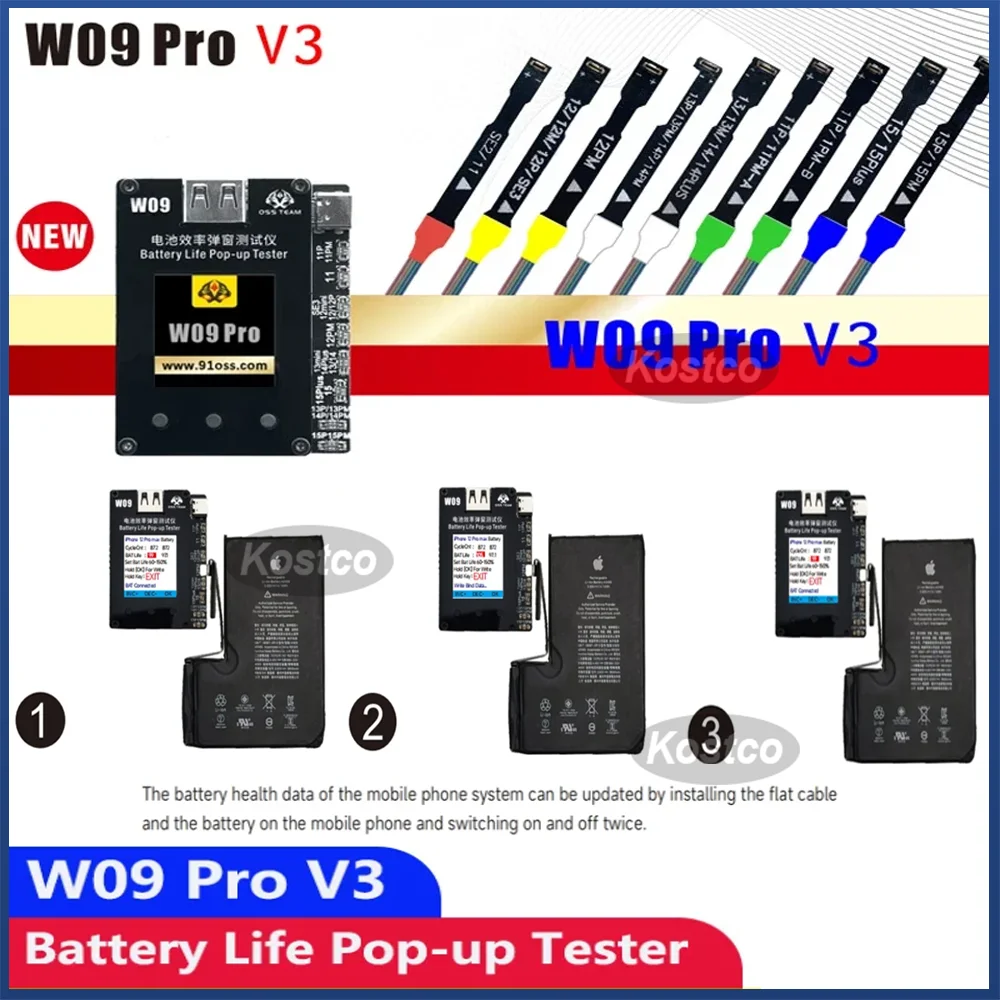 

OSS W09 Pro V3 For iPhone 11-15PM Battery Efficiency Pop up Tester No External Cable Direct Card Efficiency 100 Data Repair