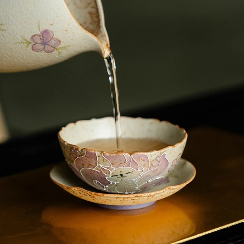 Ceramic teacup master cup  pure hand-painted nine-tailed fairy fox flower sequence cup with coaster Chinese tea set