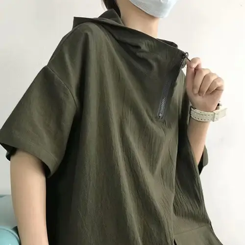 남성용 반팔 후드 스웻셔츠, 솔리드 루즈 지퍼, 지퍼 업 포켓 힙합, 하라주쿠 후드, 풀오버, 여름 패션 3