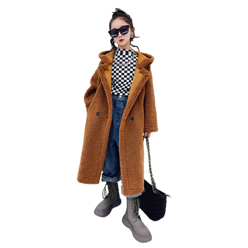 

Teen Girls Clothes Fur Integrated Coat Autumn Winter Fashion New Wool Coat Children's Clothing Long Thick Warm Hooded Top 4-14 Y