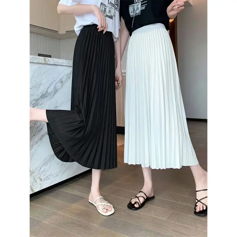 

Pleated Skirt Elegant Elastic High Waist A-LINE Office Ladies Work Long Skirt Black Green Grey Summer Winter Women's Skirt