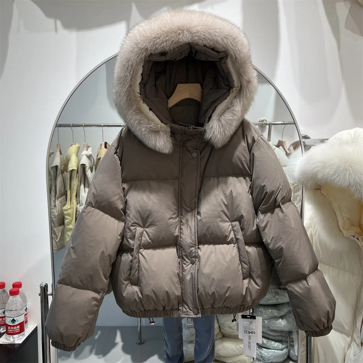 Big Fox Fur Collar Thick Loose Solid Color White Duck Down Coat Female 2023 Fall Winter New Warm Short Hooded Jacket Women