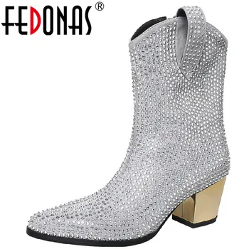 FEDONAS Newest Women Mid-Calf Boots Rhinestone Cow Suede Leather Thick Heels Party Wedding Night Club Shoes Woman Autumn Winter 1