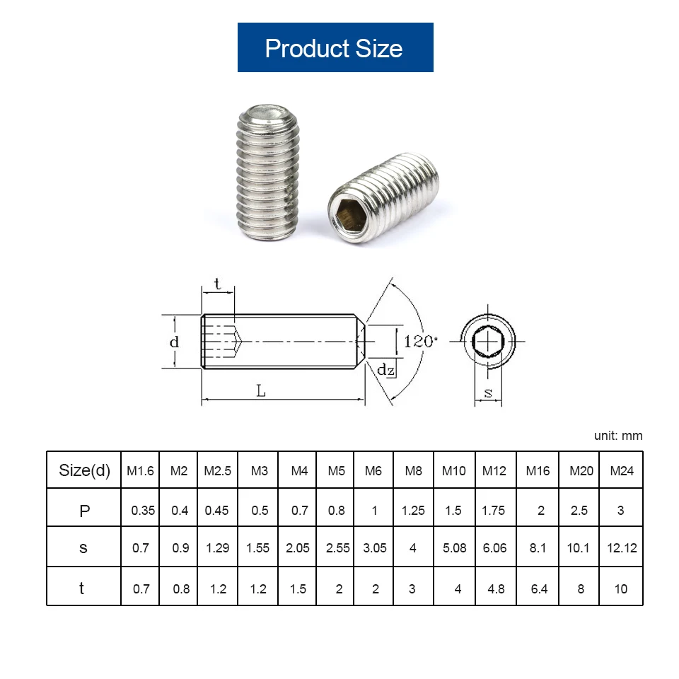 NINDEJIN hex socket set screw cup point stainless steel m2 m3 m4 m5 m6 m8 m10 headless hexagon socket grub screw DIN916