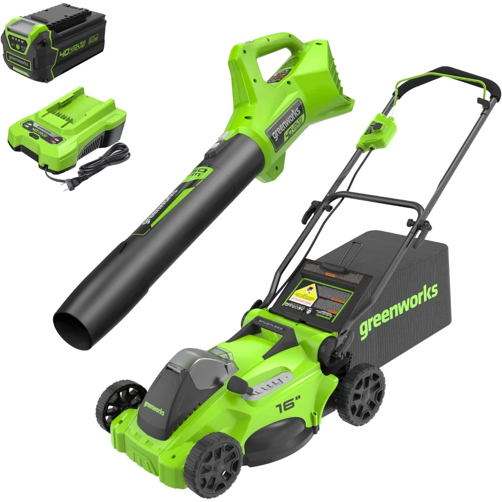 

40V 16" Brushless Cordless (Push) Lawn Mower + Blower (350 CFM), 4.0Ah Battery and Charger Included (75+ Compatible