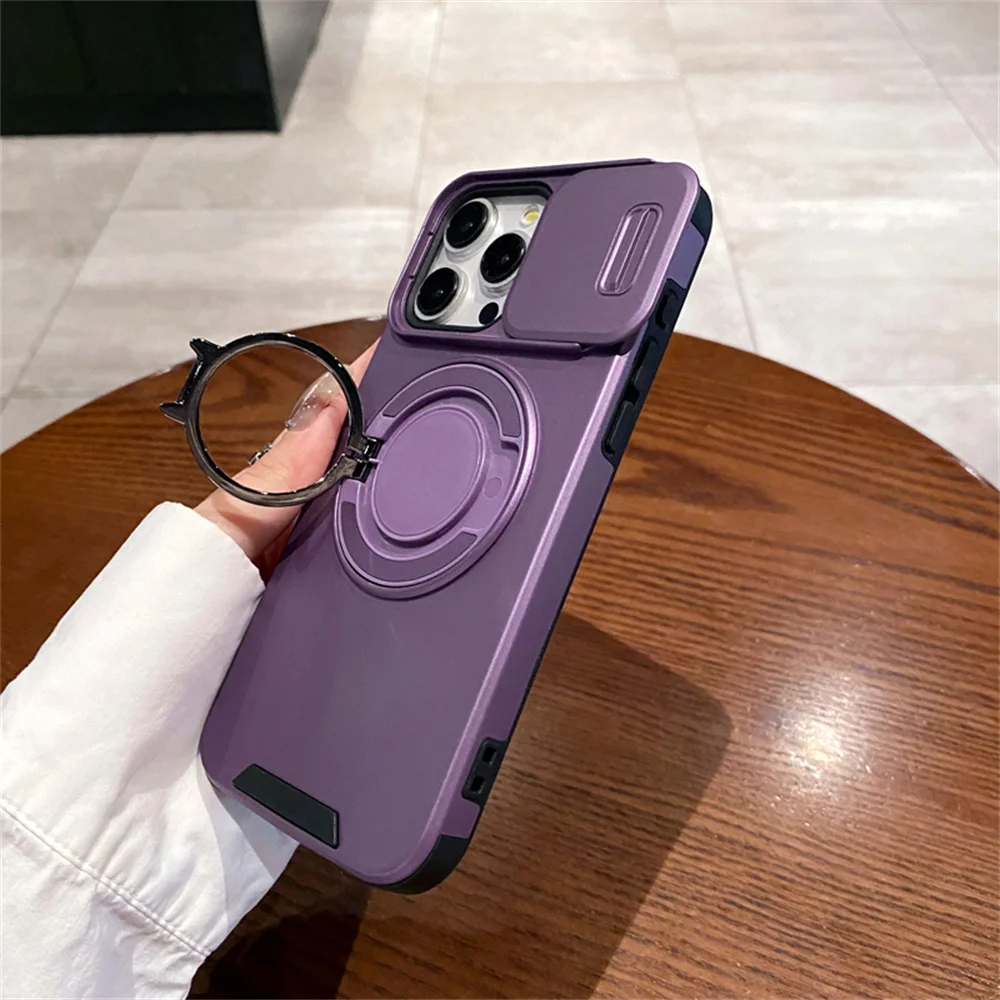 Bīdāmās kameras objektīva aizsardzība Rotējošs magnētisks statīva tālruņa korpuss iPhone 15 16 Pro Max 14 13 12 11 Bruņu triecienizturīgs vāciņš_voghion.com