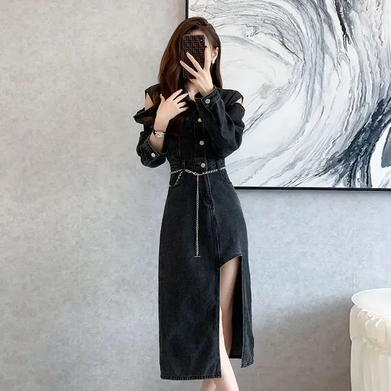 

Girls polo dress hollowed out denim dress women autumn 2023 new visual slimming dress split long sleeve solid dress female tops