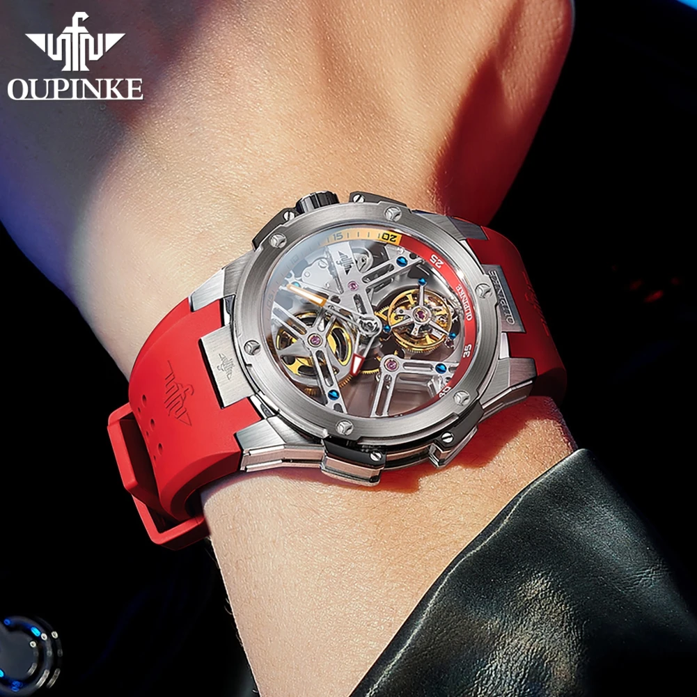 OUPINKE Tourbillon Watch for Men Automatic Mechanical Men's Watches Silicone Strap Sapphire Mirror Waterproof Original Watch Man
