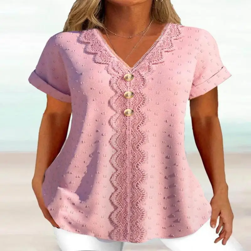 

Plus Size Women Short Sleeve V-neck Graphic Lace Printed Top