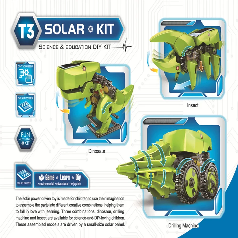 3 In 1 Solar Energy Dinosaur Robotic Kits DIY Assembly Educational Toys Model Building Kids Science for Children
