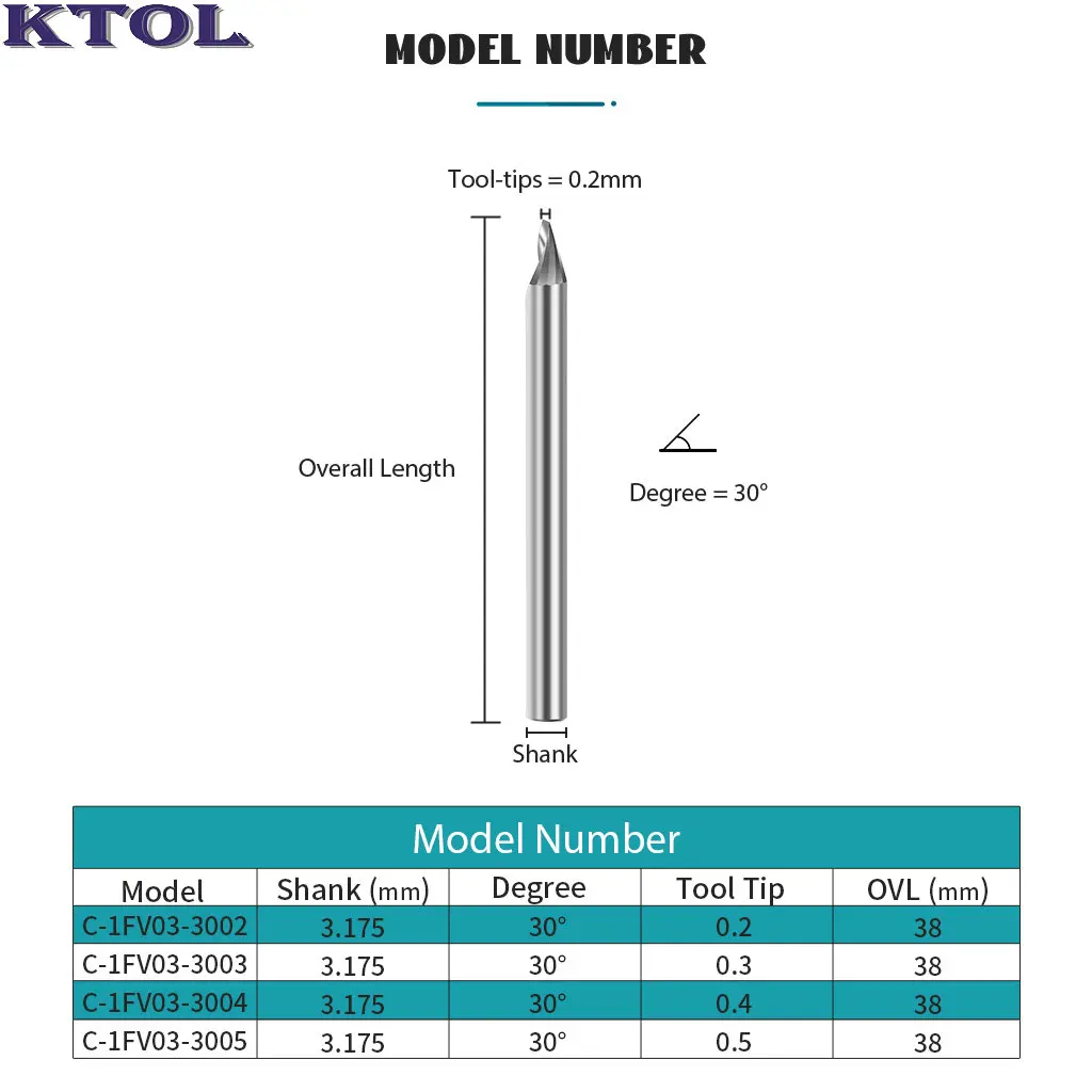 Tip 0.2-0.5mm 3.175x30 Degree 1 Flute V Carving Bit CNC