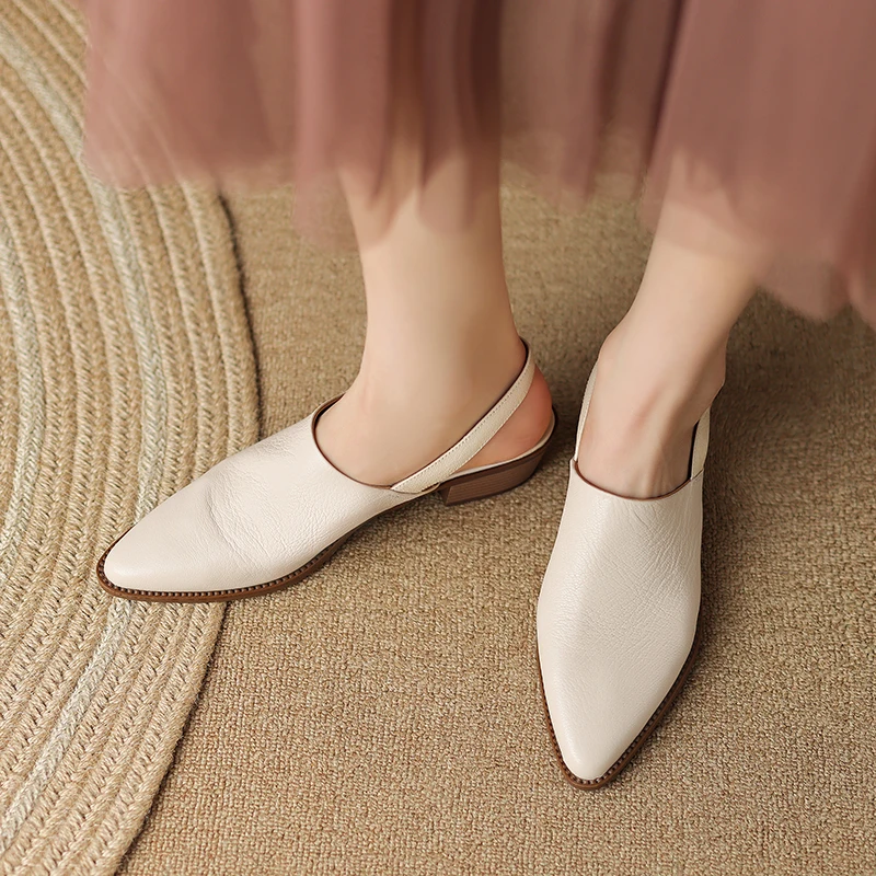 New Office Ladies Casual Women Sandals Concise Spring Summer Pointed Toe High heel Genuine Leather Slingbacks Shoes Woman