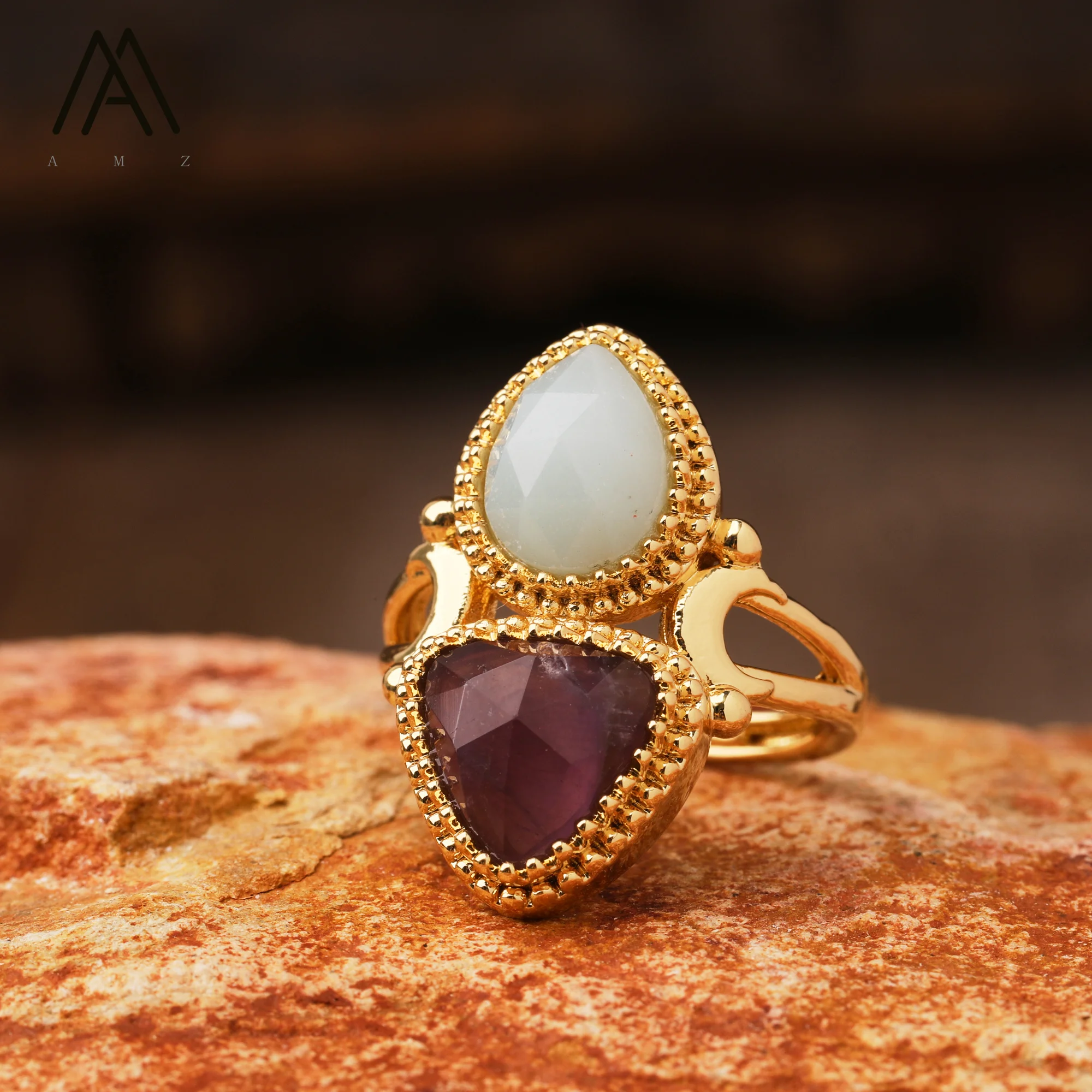 Designer Amethyste Ringe Natur kristall Edelstein Tropfen Dreieck Form verstellbaren Ring Hochzeits schmuck – Detail 7
