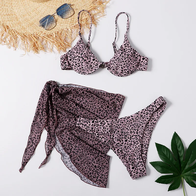 Women's 3 Piece Bikini Set with Mesh Beach Skirt Underwire Triangle High Cut Swimsuit