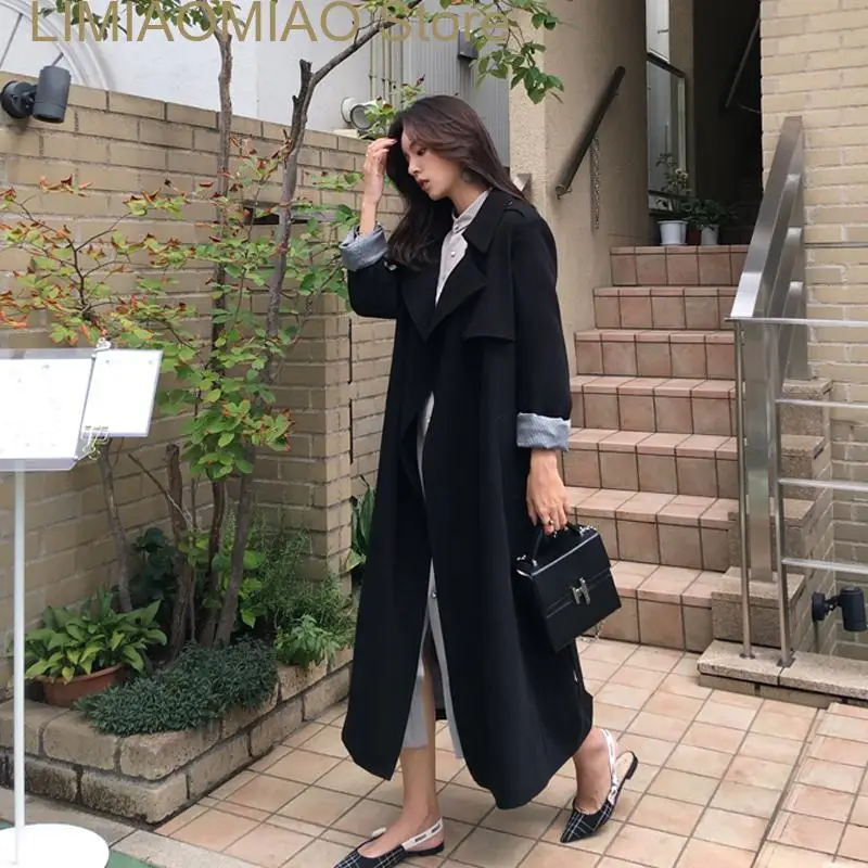 new Autumn Mid-length Female Trench Coat High Street Women Clothes Loose Outerwear Woman Streetwear Long Windbreaker With Belt