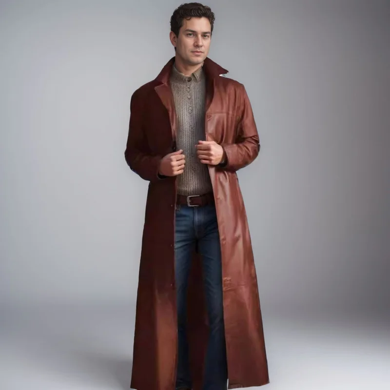 Trench Coat Men's Extended Trench Coat Men's Fashion Extended PU Leather Slim Fit Fashion Leather Coat