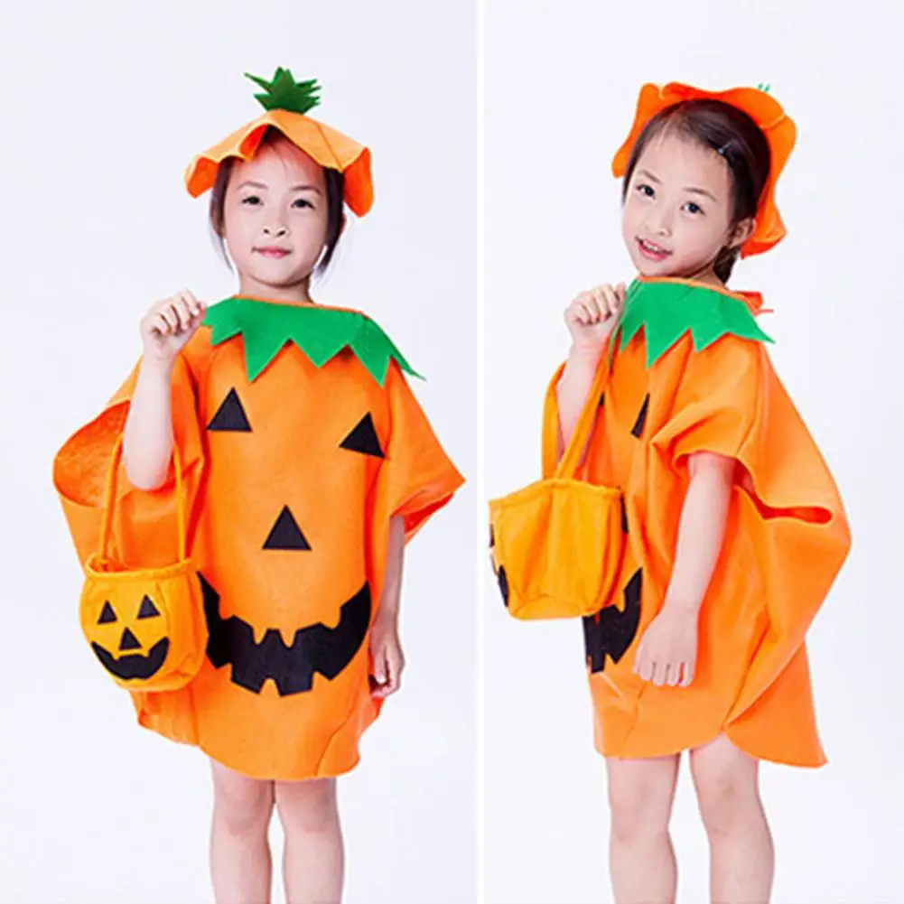 

Halloween Pumpkin Costume Kids Halloween Party Cosplay Clothes Cape Hat Candy Bag Contrast Color Unsiex Children Photo Prop Perf