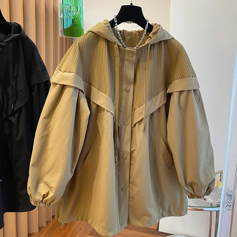 

Women's Hooded Trench Coat Korean Style Loose Coat Casual Solid Color Splicing Design Windbreaker Jacket 2024 Spring New