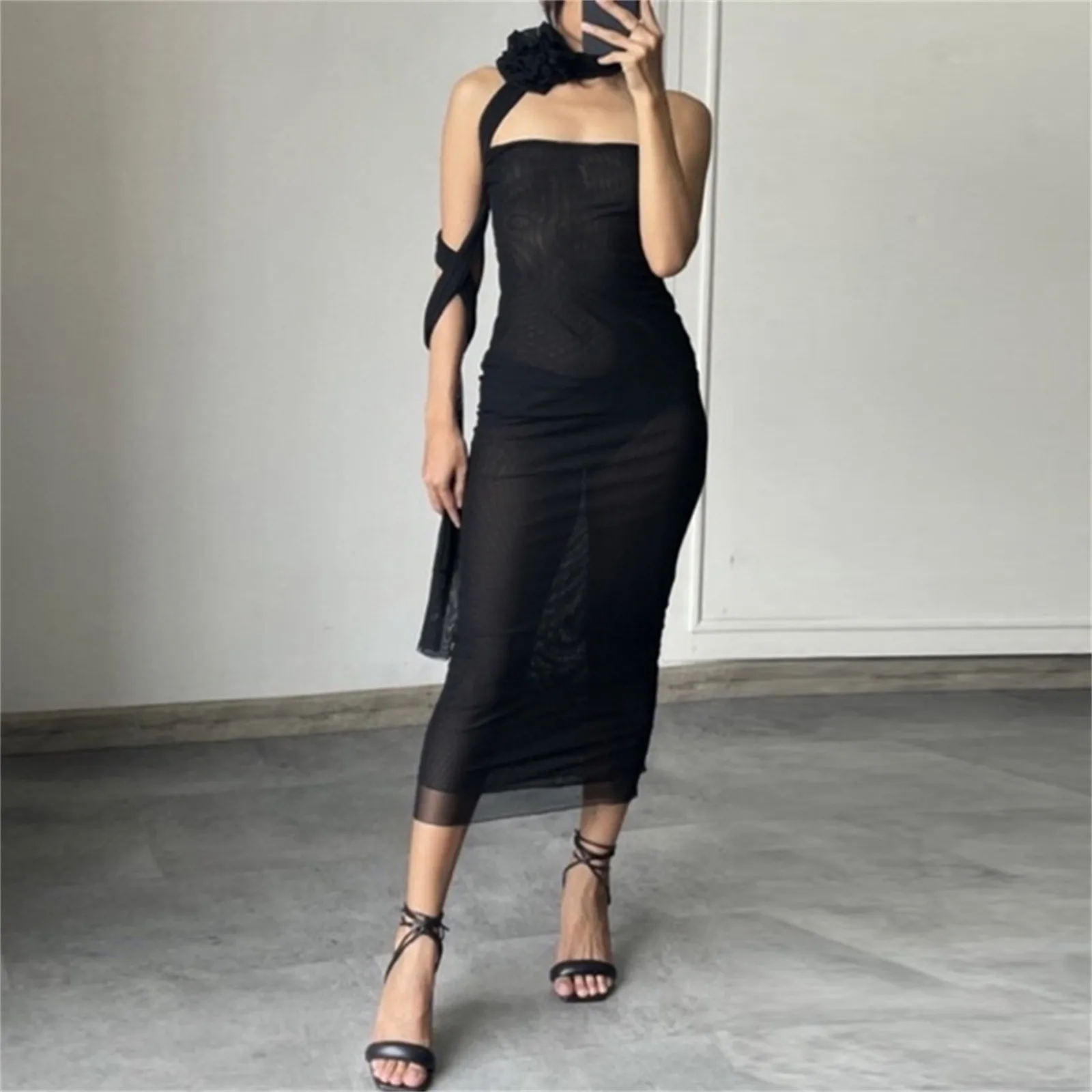 

2024 Women Summer Mesh Strapless Party Dress Sexy Slim See Through Backless Sleeveless Long Dress Elegant Sexy Club Vestidos