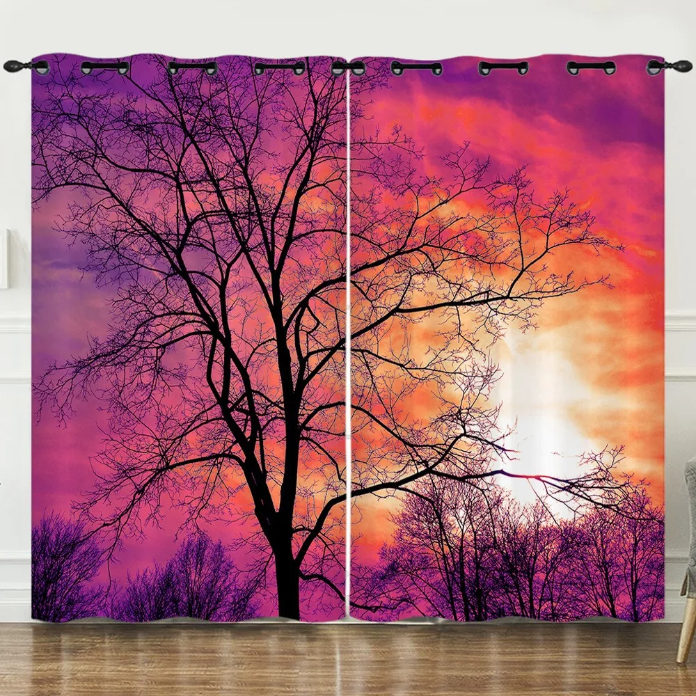 

3D Modern Cheap Sunset Forest Trees Shade Natural Scenery Thin Shading 2 Panels Curtain for Bedroom Living Room Home Hook Decor