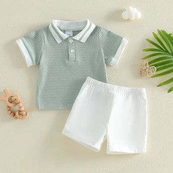 Toddler Baby Boy Shorts Set Short Sleeve Collared Knitted Shirts and Shorts 2 Piece Summer Outfit 1