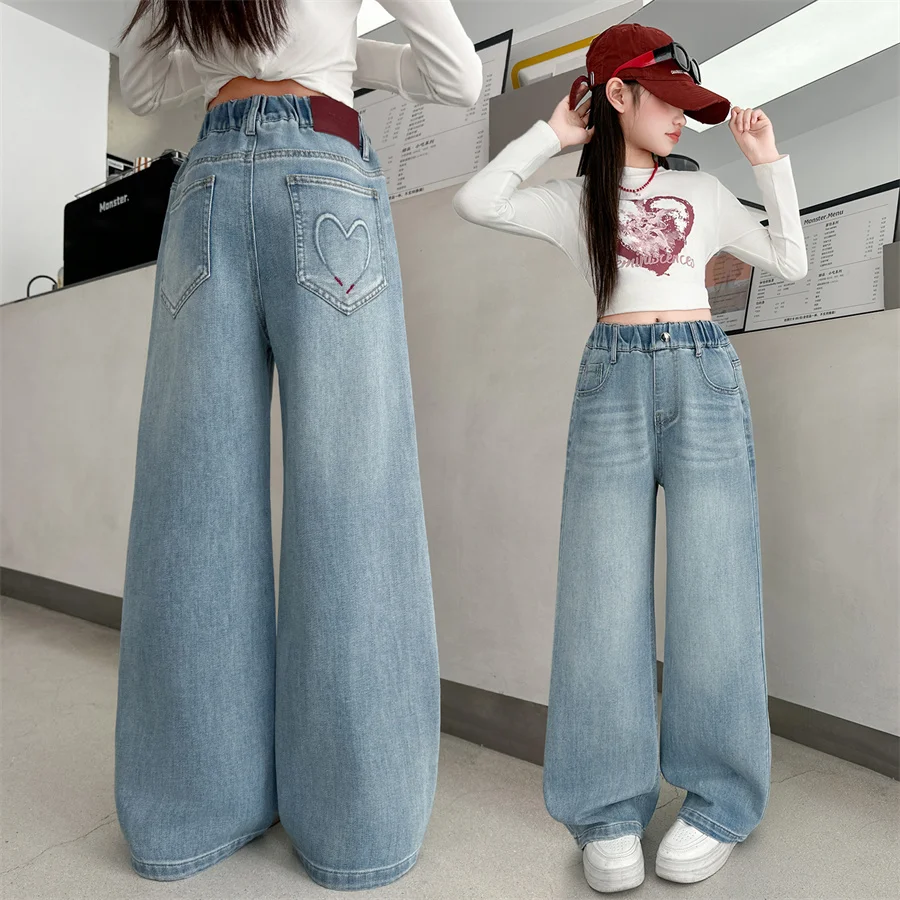 새로운 봄 아동 패션 하트 포켓 청바지, 십대 소녀들을 위한 캐주얼 하트 데님 팬츠, 아동용 우아한 캐주얼 청바지