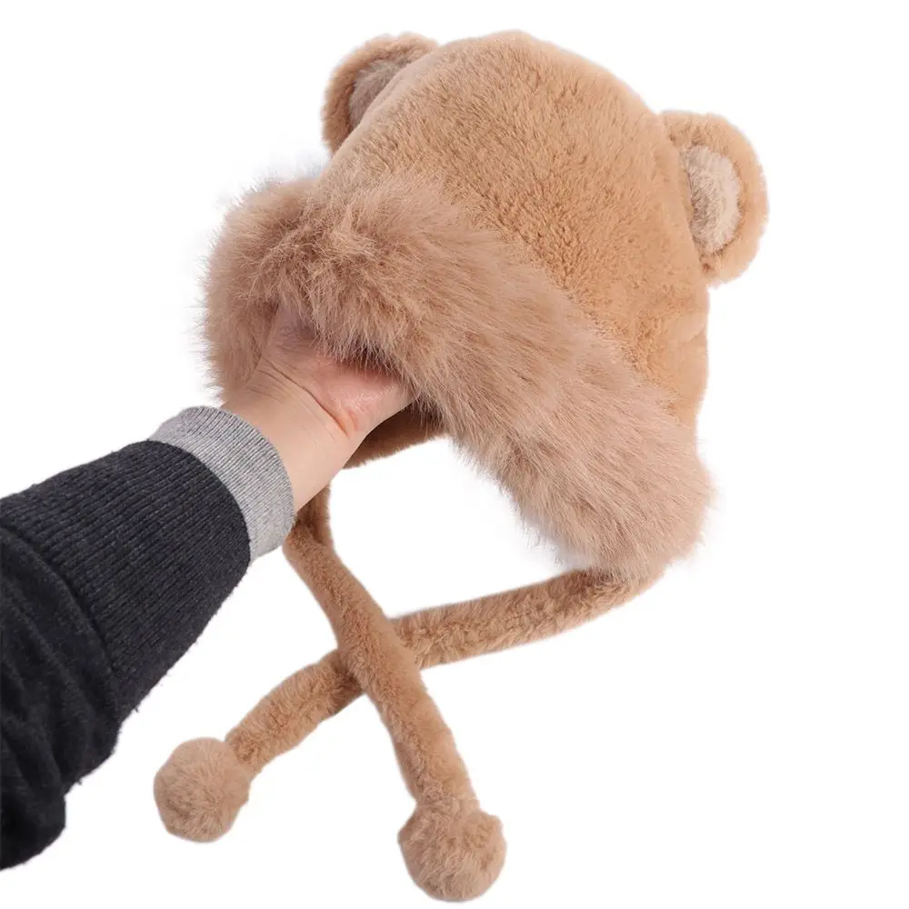 Trendy Korean Cute Bear Ear Hat Warm Faux Fur Bucket Hat Ear Protection Outdoor Women Fluffy Hats Winter