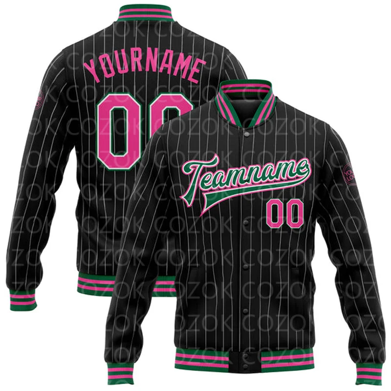 Custom Black Pink Vertical line 3D Printed Baseball Button Jacket Bomber Full-Snap Varsity Letterman Jacket