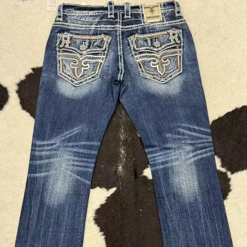 2024 Summer Blue Embroidered Men's and Women's New Heavy Street American Retro Trendy Washed High-Elastic Flare Jeans Hot Sale 5