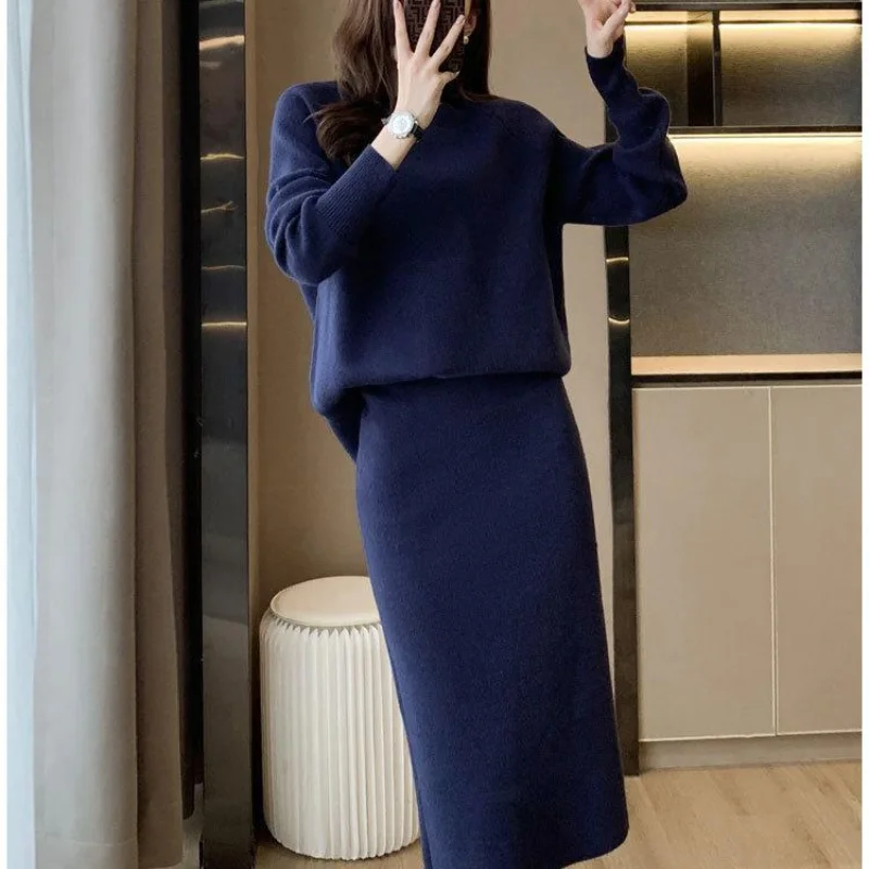 2023 Spring Autumn New Long Sleeve Round Neck Knitted Sweater Women's High Waist Slim Fit Split Half Dress Two Piece Set