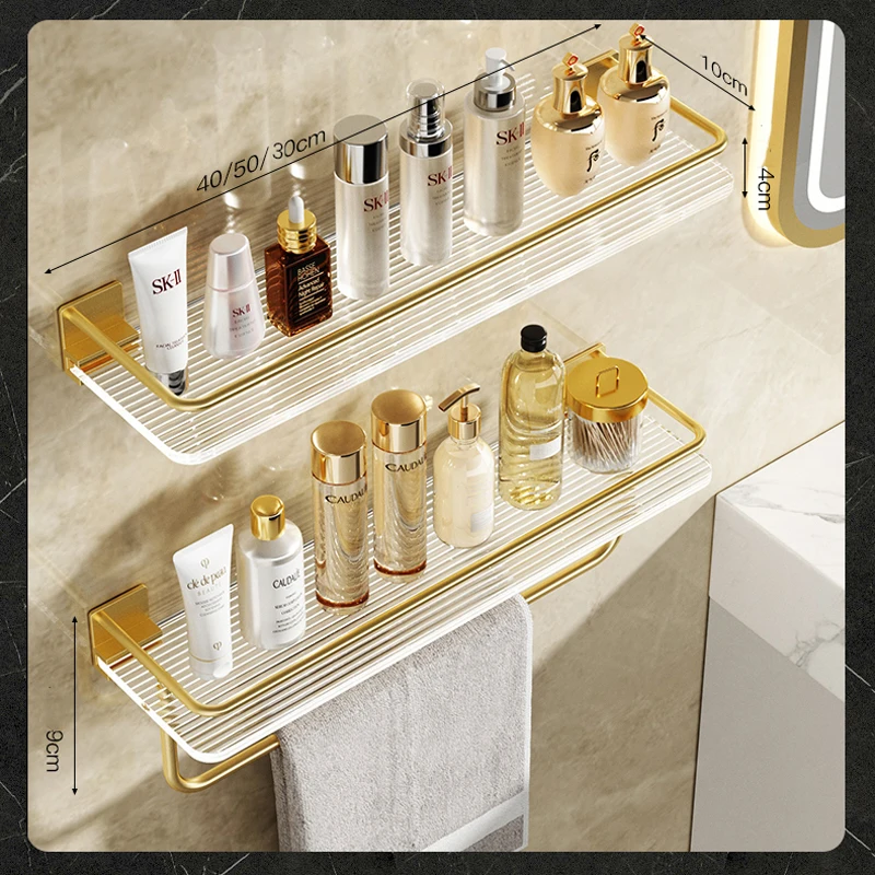 2-Tier Acrylic Bathroom Storage Shelf Gold Rack Wall-mounted