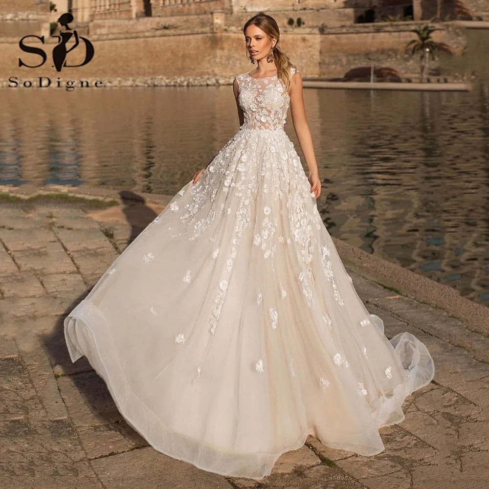 

SoDigne Beach Ivory Wedding Dresses Sleeves 3D Flower Lace Women Boho Custom Made Bridal Gowns Plus Size vestidos de novia