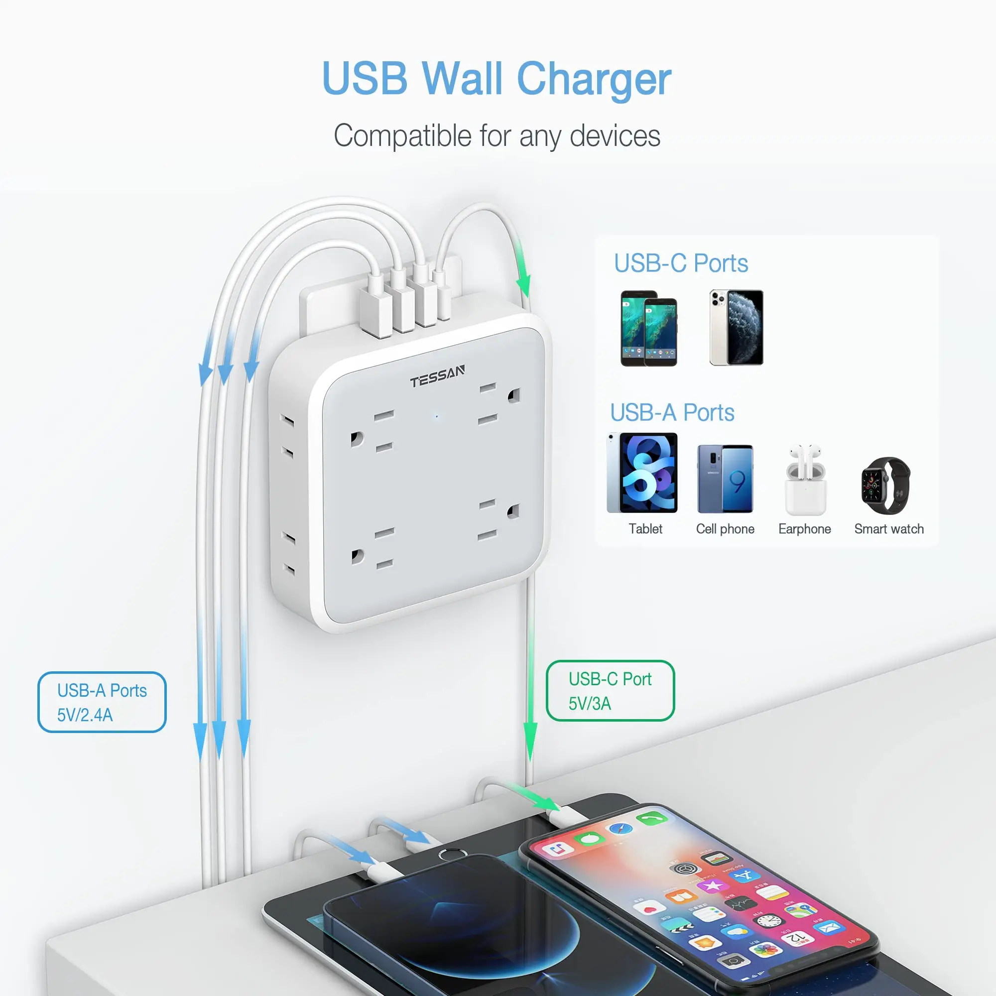 TESSAN-12  1  ܼƮ Ȯ, AC ܼƮ 8   USB 4  (USB C Ʈ 1 ) ,  ȣⰡִ  ÷  й