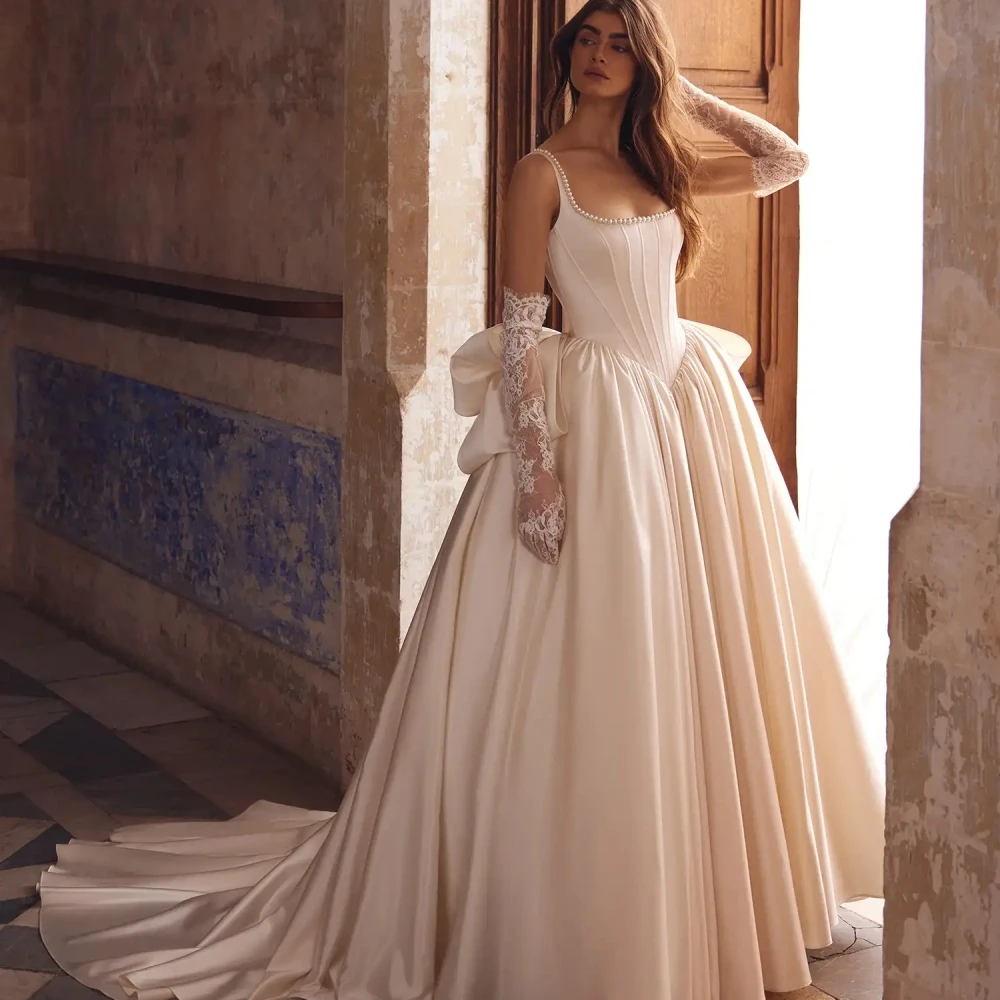 Graceful Strapless Sleeveless Wedding Dress Glitter Hand-sewn Pearls Bride Robe Vintage Satin A-line Bridal Gown Robe De Mariée 2