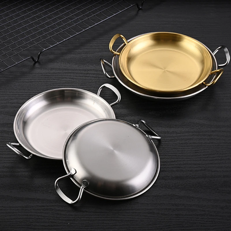 Stainless Steel Round Plate with Handle Korean Sauce Seasoning Dish Snack Serving Tray Flat Bottom Plates Kitchen Tableware 4