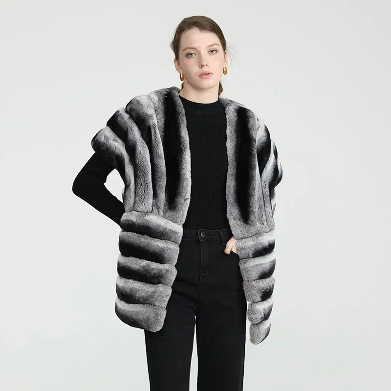 

2023 Winter Rex Rabbit Fur Vests Women's Fashion Streetwear Chinchilla Gilet Lady Poncho Shawls