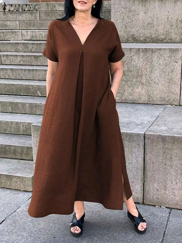 

ZANZEA Women Summer Long Robes Loose Cotton Linen Maxi Dress Vintage Casual Dress A-line Inverted Pleats Kaftan Holiday Vestidos