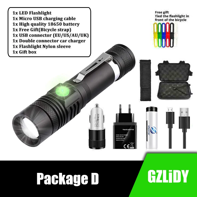 USB Rechargeable LED Flashlight Super Bright V6 Tactical Torch 4 Lighting Modes Zoomable Lamp Waterproof 18650 Camping  Lantern security torch Flashlights