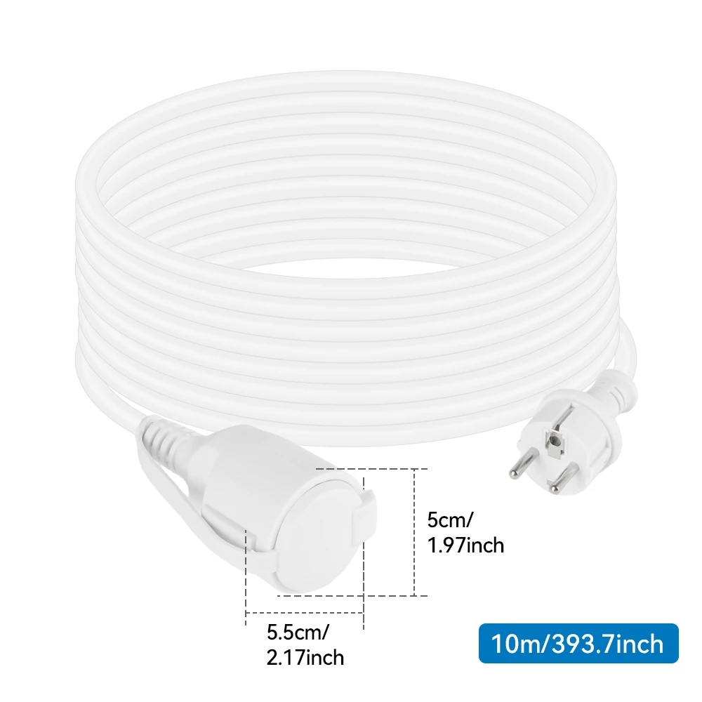 EU 플러그가 포함된 3/5/10M 연장 코드, F형 소켓, 실외용 IP44 방수, 1.0mm 순수 구리선, CE 인증 전원선