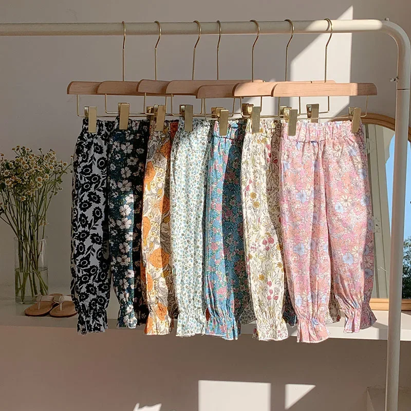 2-8T Cotton Flower Girls Pant Elegant Summer Toddler Kid Baby Girl Clothes Thin Infant Floral Pant Cute Sweet Loose Trousers