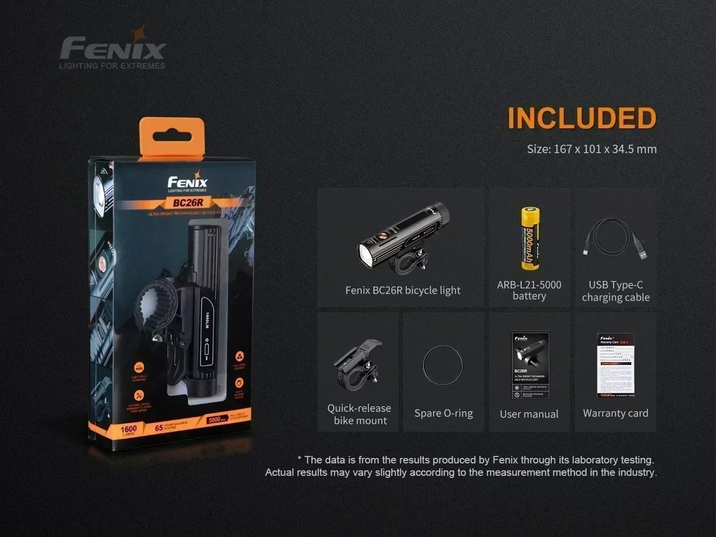 NEW FENIX BC26R 1600루멘 충전식 자전거 라이트 손전등에는 5000mAh 리튬 이온 배터리가 포함되어 있습니다.