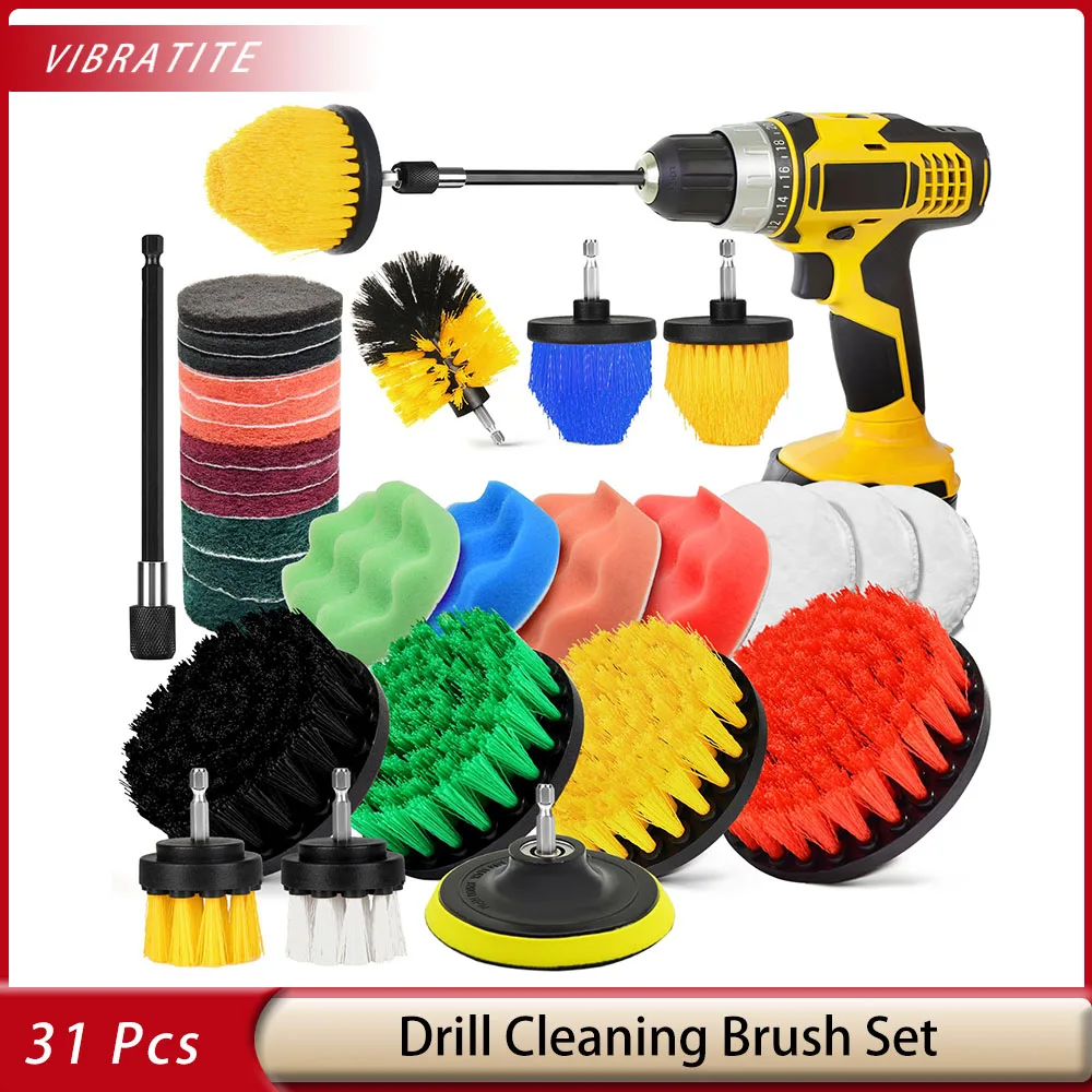 

31 Pcs Drill Cleaning Brush Set with Scrub Pads Sponge Extend Attachment for Car Polishing Home Cleaning Bathroom Cleaning