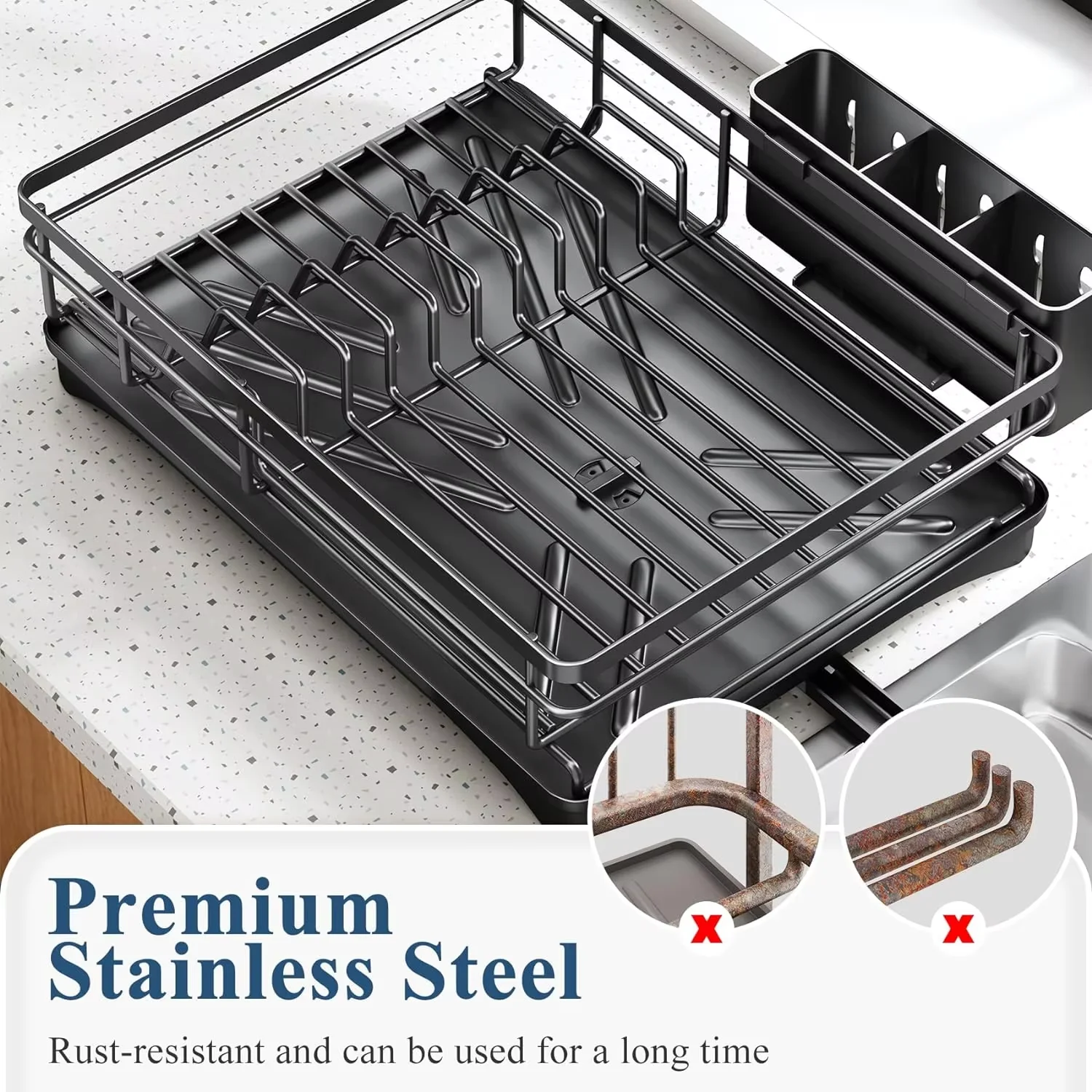 Dish Drying Rack for Kitchen Counter Large Dish Rack with Drainboard Rustproof Dish Drainer with Utensil Holder for Sink 6