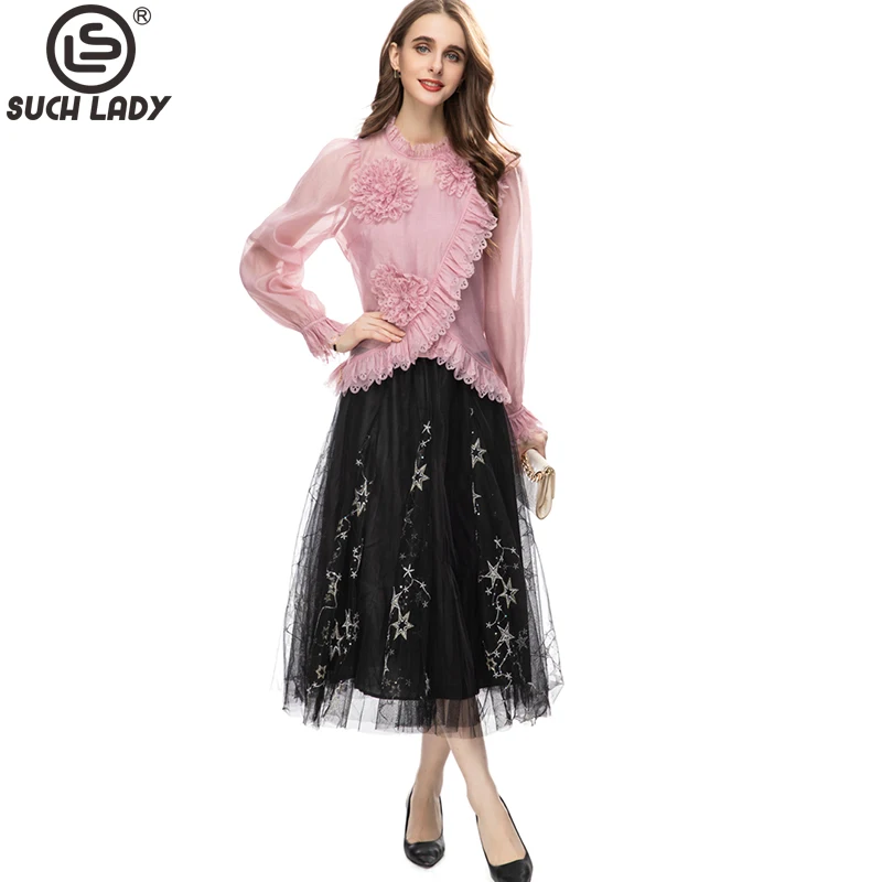 

Women's Runway Two Piece Dress O Neck Long Sleeves Appliques Ruffles Blouse with Layered Skirt Twinset Sets