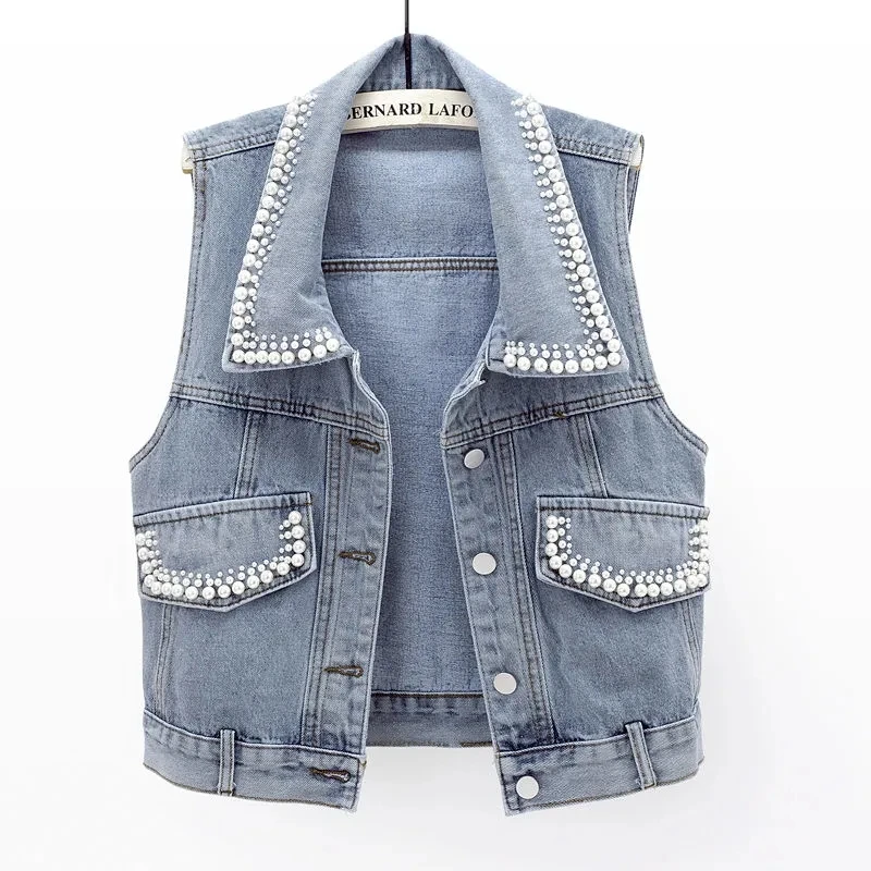 Denim Jacket Waistcoat Women's Spring Summer 2024 New Slim Pearls Beaded Sleeveless Coat Female Short Casual Vest Outwear Tops