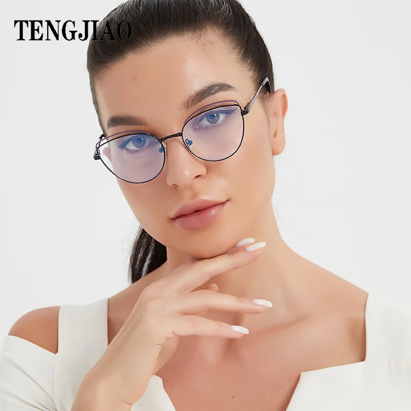 TENGJIAO Cat Eye Eyeglasses Women Computer Optical Spectacle Frame Anti-Blue Light Rays Fashion Glasses Female Clear Lens