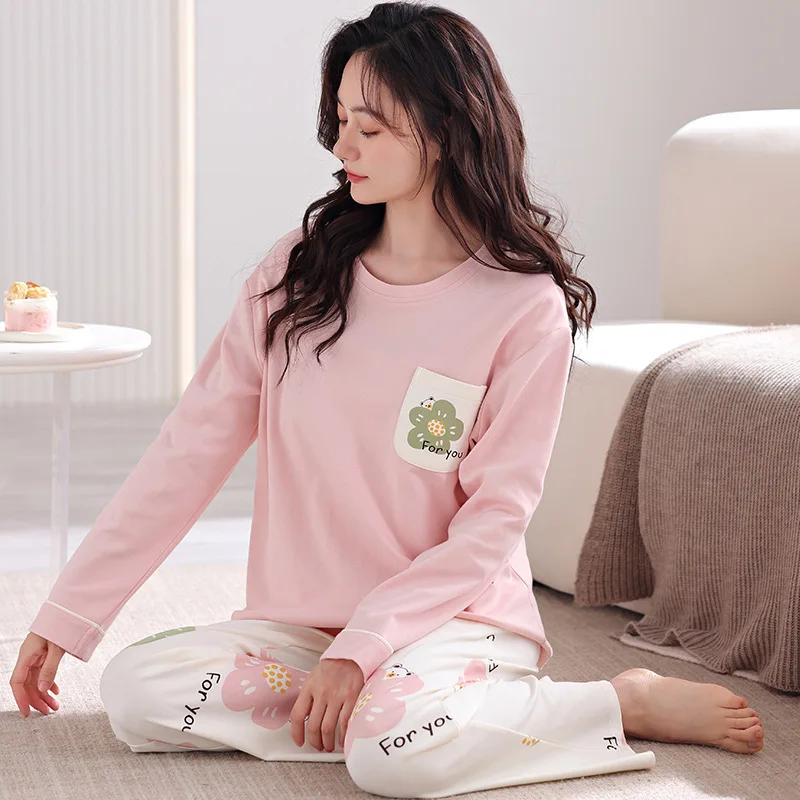 Spring Autumn Women's Pure Cotton Pajamas Round Neck Long Sleeve Pullover Pants Loose Casual Comfortable Home Clothing Set
