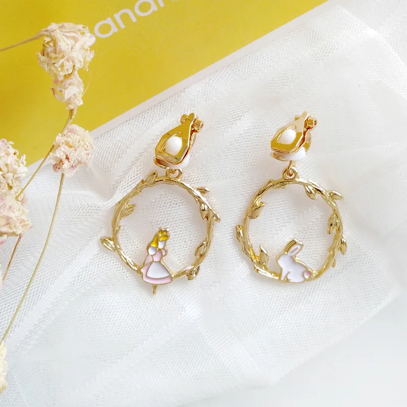 Fairy Tales Cute White Rabbit Alice in Wonderland Clip Earrings Non No Piercing Ear Hole Fairy Round Branch Clips on Earrings 6