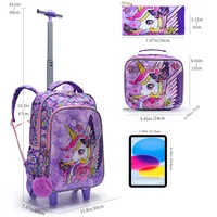 3PCS set Rolling Backpack For Girls Wheeled School BookBag With Lunch And Pen Bag Purple Unicorn Cute sequin Glow-in-the-dark 3