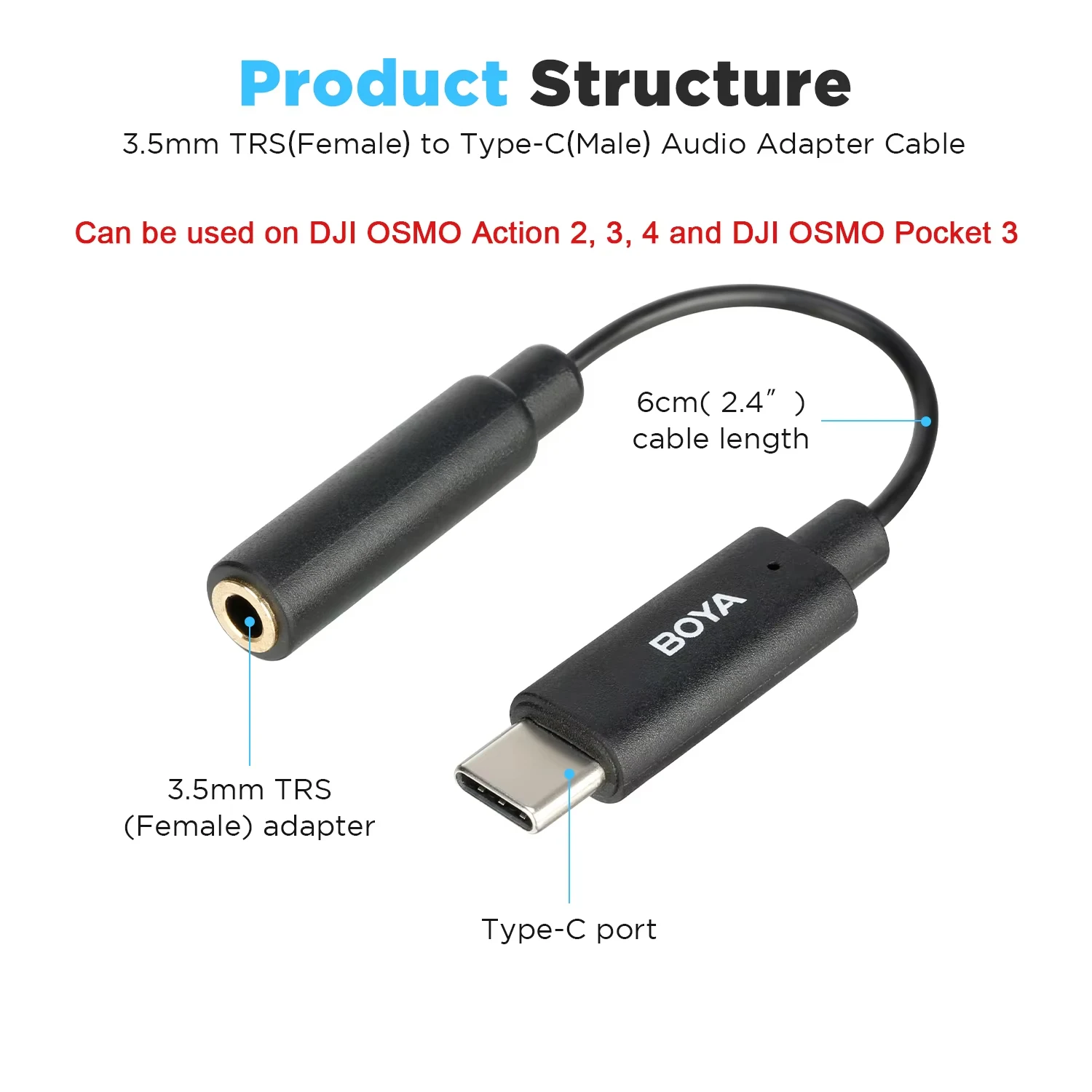 BOYA BY-K4 3.5mm TRS (암)에서 타입-C (수)로 변환 오디오 마이크 어댑터 아이폰 15-16 안드로이드 PC USB-C 기기용
